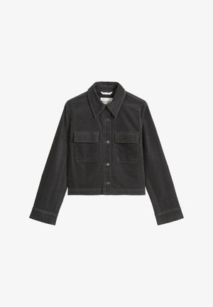 Giubbotto in denim nero con colletto, chiusura frontale con bottoni e due tasche sul petto. Lunghezza cropped con maniche lunghe e dettagli cuciti.