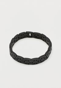 Βραχιόλι από μαύρο μέταλλο με ορθογώνια ενωμένα τμήματα, διατεταγμένα σε κυκλικό σχήμα πάνω σε λευκό φόντο.