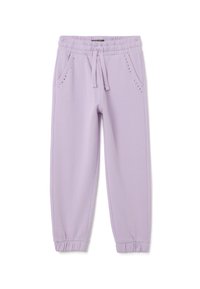 Fliederfarbene Sweatpants mit elastischem Bund, Kordelzug, Seitentaschen, die mit kleinen Strasssteinen verziert sind, und elastischen Bündchen an den Knöcheln.