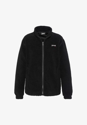 Sort fleecejakke med høj krave, fuld lynlås og ribstrikkede manchetter. Har et lille hvidt logopatch på brystet. Blød tekstur.