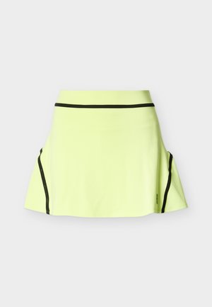 Gele tennisrok met zwarte bies. Heeft een A-lijn vorm en zijzakken, gemaakt van een lichtgewicht, rekbare stof voor comfort.