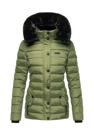 Padded parka jacket in olive green, featuring a faux fur hood, black buttons, zippered pockets, and ribbed cuffs. Smooth, shiny texture.