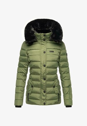 Gewatteerde parka in olijfgroen, met een faux fur capuchon, zwarte knopen, ritszakken en geribbelde manchetten. Gladde, glanzende textuur.