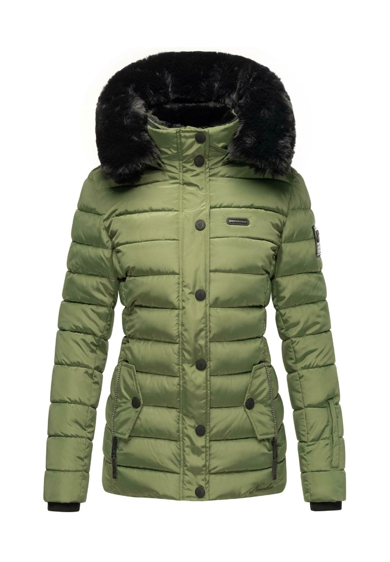 Gewatteerde parka in olijfgroen, met een faux fur capuchon, zwarte knopen, ritszakken en geribbelde manchetten. Gladde, glanzende textuur.