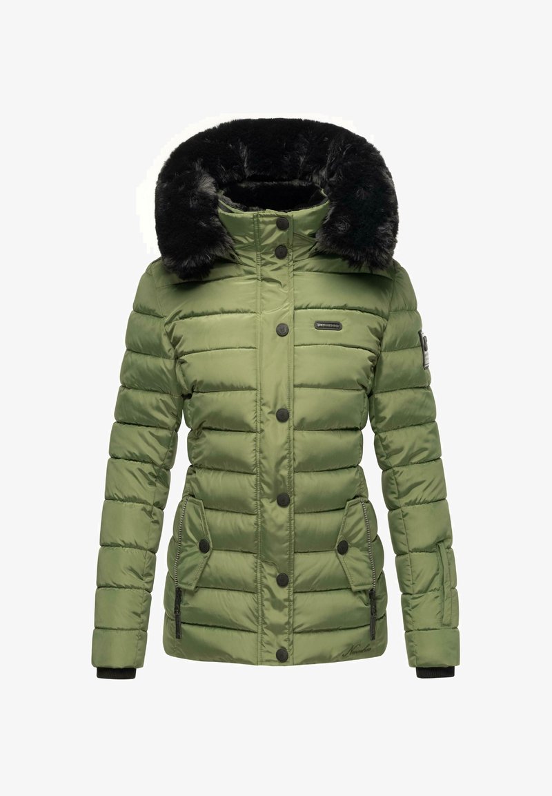 Vadderad parka-jacka i olivgrön, med en fuskpäls-huvtröja, svarta knappar, dragkedjefickor och ribbade ärmslut. Slät, glänsande textur.