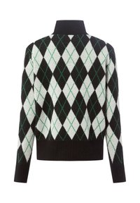 Zwart, wit en groene argyle-breiste sweater met een hoge ribbelkraag en ribbelzoom. Gemaakt van zachte stof, met lange mouwen.