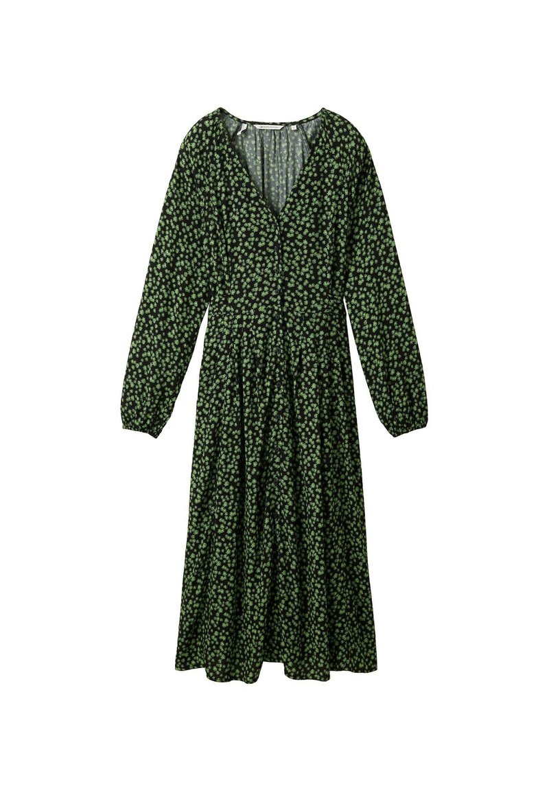 Schwarzes Midikleid mit langen Ärmeln und grünem, kleinem Blumenmuster, ausgestattet mit einem V-Ausschnitt und gerafftem Bund.
