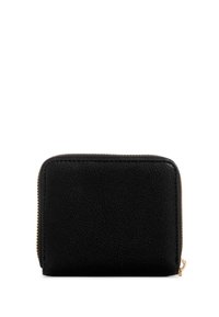Black leather wallet featuring a textured surface, a zip closure, and gold-tone hardware. Compact rectangular shape with rounded edges.