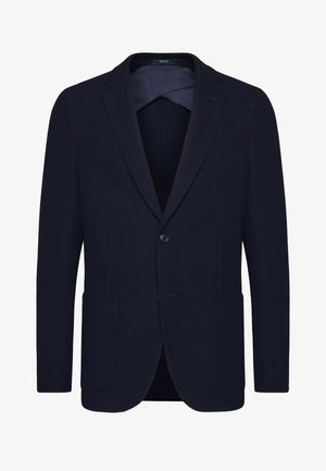 Blazer blu navy realizzato in tessuto testurizzato. Presenta un colletto a scollo, due tasche frontali e una chiusura con un solo bottone. Design slim fit.