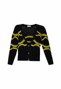 Black cardigan with yellow and silver wave patterns, V-neck, long sleeves, and three button closures. Textured knit fabric.
