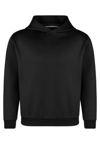 Schwarzer Hoodie aus glattem Stoff, mit einer verstellbaren Kapuze, langen Ärmeln und abgerundetem Saum. Keine sichtbaren Logos oder Muster.