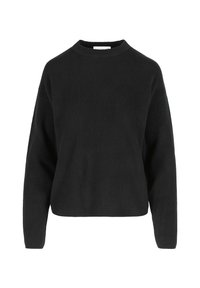 Mustasa, neulepaita, jossa on pyöreä pääntie, roikkuvat olkapäät ja pitkät hihat. Yksinkertainen, ilman koristeluja oleva muotoilu, jossa on lyhennetty siluetti.