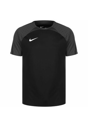 Czarna sportowa koszulka Nike z krótkim rękawem, z subtelnym diamentowym wzorem na ciemnych rękawach i białym logo Nike swoosh na piersi.