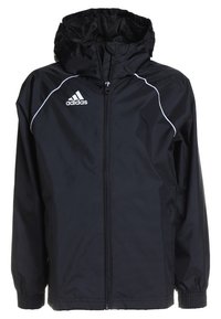 Zwarte windbreaker jas met een ritssluiting aan de voorkant, een capuchon en elastische manchetten. Bevat witte stikking en een Adidas-logo op de linkerkant van de borst.