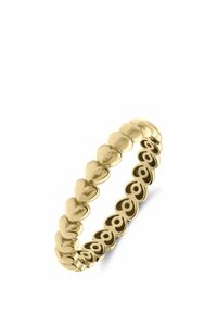 Gold ring featuring alternating heart shapes and rounded edges, with a polished finish and a smooth texture, designed for stacking.