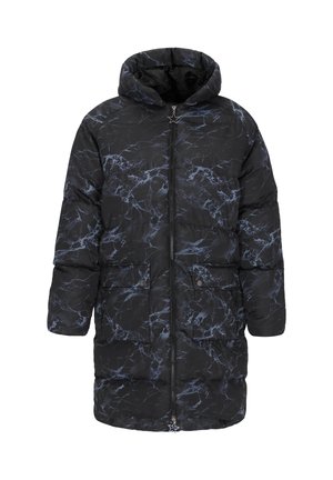 Pufová bunda v černém a modrém mramorovém vzoru, s kapucí, zipovým zapínáním a dvěma předními kapsami se západkami.