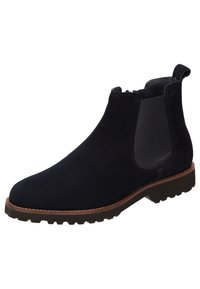Stivali alla caviglia in suede blu navy con pannelli laterali elastici, toppa per infilare, suola robusta e rifiniture in brown a contrasto intorno alla suola.