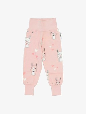 Helle rosa Baumwollhosen mit elastischem Bund. Mit Hasenillustrationen und Herzen in verschiedenen Farben. Rippenbündchen an den Knöcheln.