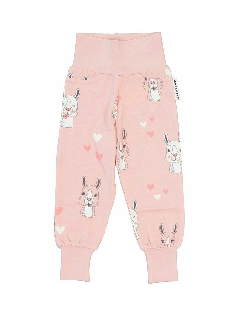 Ljust rosa bomullshängselbyxor med elastiskt midjeband. Har kaninillustrationer och hjärtan i olika färger. Ribbad mudd vid anklarna.