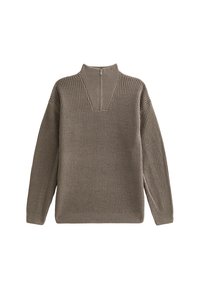 Brown knitted sweater with a funnel neck, featuring a half zip at the back, ribbed cuffs, and a textured surface.
