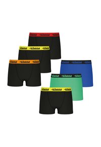 Six paires de boxers en noir, avec des ceintures de couleur : rouge, orange, jaune, vert et bleu. Fabriqués à partir d'un tissu lisse.