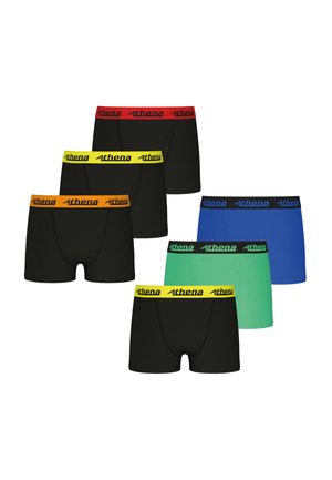 Six paires de boxers en noir, avec des ceintures de couleur : rouge, orange, jaune, vert et bleu. Fabriqués à partir d'un tissu lisse.