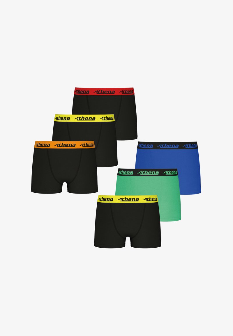 Six paires de boxers en noir, avec des ceintures de couleur : rouge, orange, jaune, vert et bleu. Fabriqués à partir d'un tissu lisse.