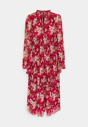 Rød langærmet midi-kjole med beige blomstermønster, flæsekant ved kraven og taljeret med bindebælte.