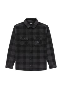 Camisa de franela a cuadros en negro y gris con dos bolsillos frontales, cierre de botones y cuello plegable. Hecha de un tejido suave con un acabado texturizado.