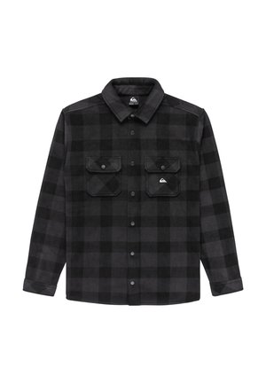 Black and gray checkered flannel shirt with two front pockets, button closure, and a fold-down collar. Made of soft fabric with a textured finish.