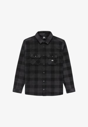 Black and gray checkered flannel shirt with two front pockets, button closure, and a fold-down collar. Made of soft fabric with a textured finish.