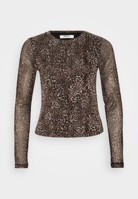 Leopard print long-sleeve top with a round neckline. Sheer fabric, fitted design, and a textured surface featuring various shades of brown and black.