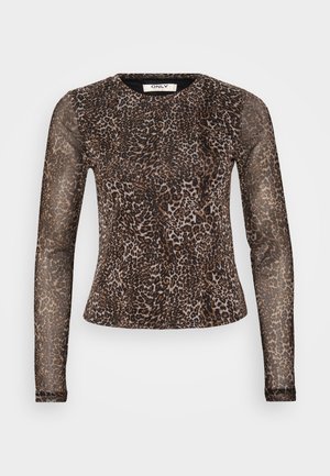 Langermet topp med leopardmønster og rund hals. Gjennomsiktig stoff, tettsittende design og en teksturert overflate med ulike nyanser av brunt og svart.