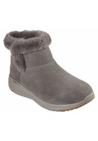 Botas de tobillo de ante gris con un suave cuello de piel sintética gris, que presentan un borde superior curvado y una suela de goma con un agarre texturizado.