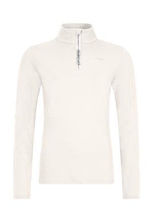 Langärmliger Reißverschluss-Pullover aus leicht beigem Stoff. Merkmale sind ein hoher Kragen, ein kontrastierender Reißverschluss und ein dezentes Logo auf der Brust. Glatte Textur.