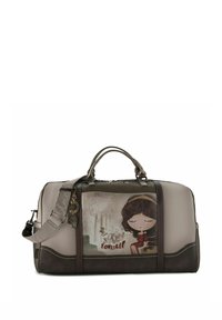 Braune und beige synthetische Tasche mit einem Cartoon-Motiv eines Mädchens. Verfügt über zwei Griffe, einen verstellbaren Riemen und einen dekorativen Schlüsselanhänger.