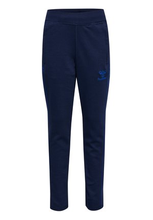 Granatowe, dopasowane spodnie sportowe z elastycznym pasem, bocznymi kieszeniami oraz małym niebieskim logo na lewej udzie.