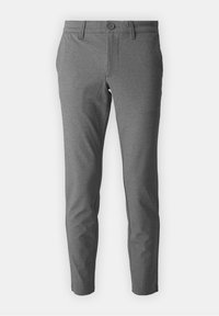 Pantalons gris en tissu texturé, dotés d'une fermeture à bouton standard, de passants de ceinture et de jambes fuselées.