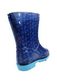 Botte imperméable bleue avec un motif de traces de pattes, texture brillante, bout arrondi et semelle bleu clair avec des crampons pour l'adhérence.