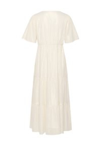 White, tiered midi dress made of a textured, shiny fabric; has short, flared sleeves and a fitted waistline for a loose fit.