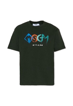 Donkergroene katoenen t-shirt met een ronde hals, voorzien van multikleurige grafische tekst en vormen op de voorkant. Korte mouwen, relaxte pasvorm.