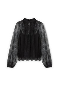 Blusa nera in pizzo con collo alto, maniche lunghe trasparenti e vestibilità morbida. Presenta motivi di pizzo intricati e orlo a onde.