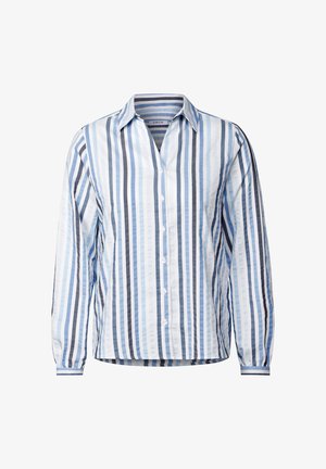 Chemise à manches longues rayée bleu clair et blanche en tissu lisse, avec un bouton sur le devant et un col standard.