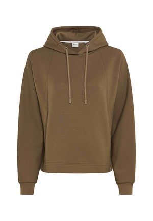 Bruine hoodie met lange mouwen, voorzak in kangoeroestijl en capuchon met trekkoord.