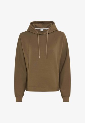 Braunes Kapuzensweatshirt mit langen Ärmeln, Kängurutasche vorne und Kapuze mit Kordelzug.