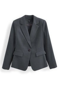 Tmavě šedý blazer vyrobený z texturované tkaniny, s jedním knoflíkem, klopami a dvěma předními kapsami. Podšívka vnitřku.