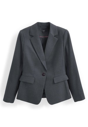 Tmavě šedý blazer vyrobený z texturované tkaniny, s jedním knoflíkem, klopami a dvěma předními kapsami. Podšívka vnitřku.