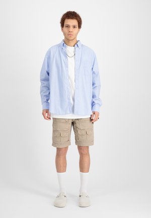 Cămașă button-up albastru deschis peste un tricou alb, asociată cu pantaloni scurți cargo bej. Pantalonii scurți au multiple buzunare. Sosete și pantofi albi completează ținuta.