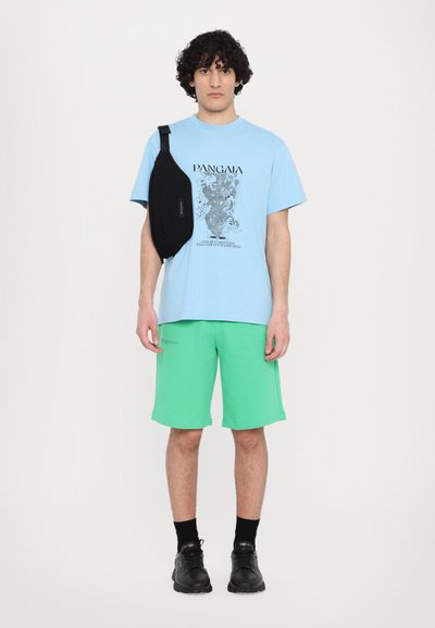 Light blue cotton t-shirt with graphic design, paired with green cotton shorts. Black crossbody bag, black sneakers, and crew socks.