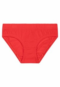 Chiloți bikini din bumbac roșu, cu un brâu elastic. Prezintă o textură netedă și cusături curate; design cu talie joasă și acoperire minimă.